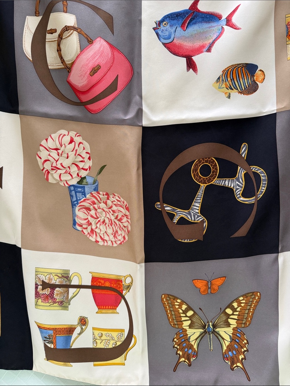 Gucci Vintage Multicolor Silk Scarf in Beige, Brown, Black, Red & Blue - Picture 9 of 14